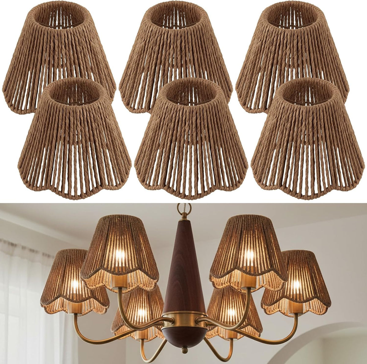 Pantallas de Ratán VIHOSE Pack 6 – 3x5x6", Estilo Boho Rústico con Bordes de Pétalos para Lámparas de Mesa, Candelabros y Pared