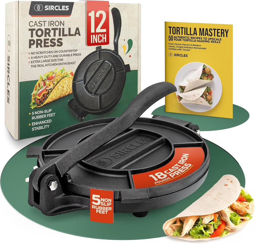 Prensa para tortillas de hierro fundido SIRCLES de 30 cm (12 pulgadas) - Prensa para tortillas resistente para tortillas caseras de maíz y harina - Herramienta de cocina duradera y pre-sazonada