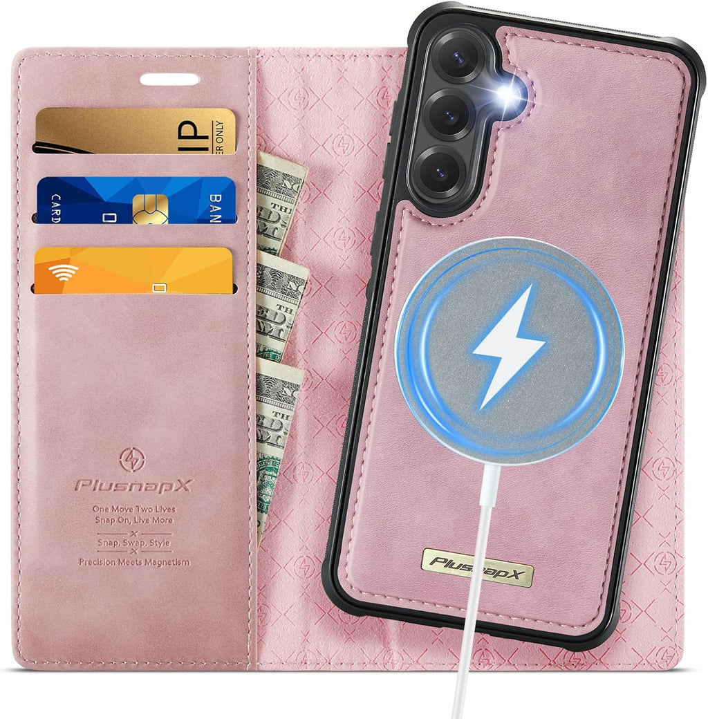 PlusnapX Wallet Case for Samsung Galaxy S24 Compatible with Magsafe, 2-in-1 PU Leather Flip RFID Blocking Card Holder Stand Shockproof Magnetic Detachable Cover for Galaxy S24 Case 6.2", Pink