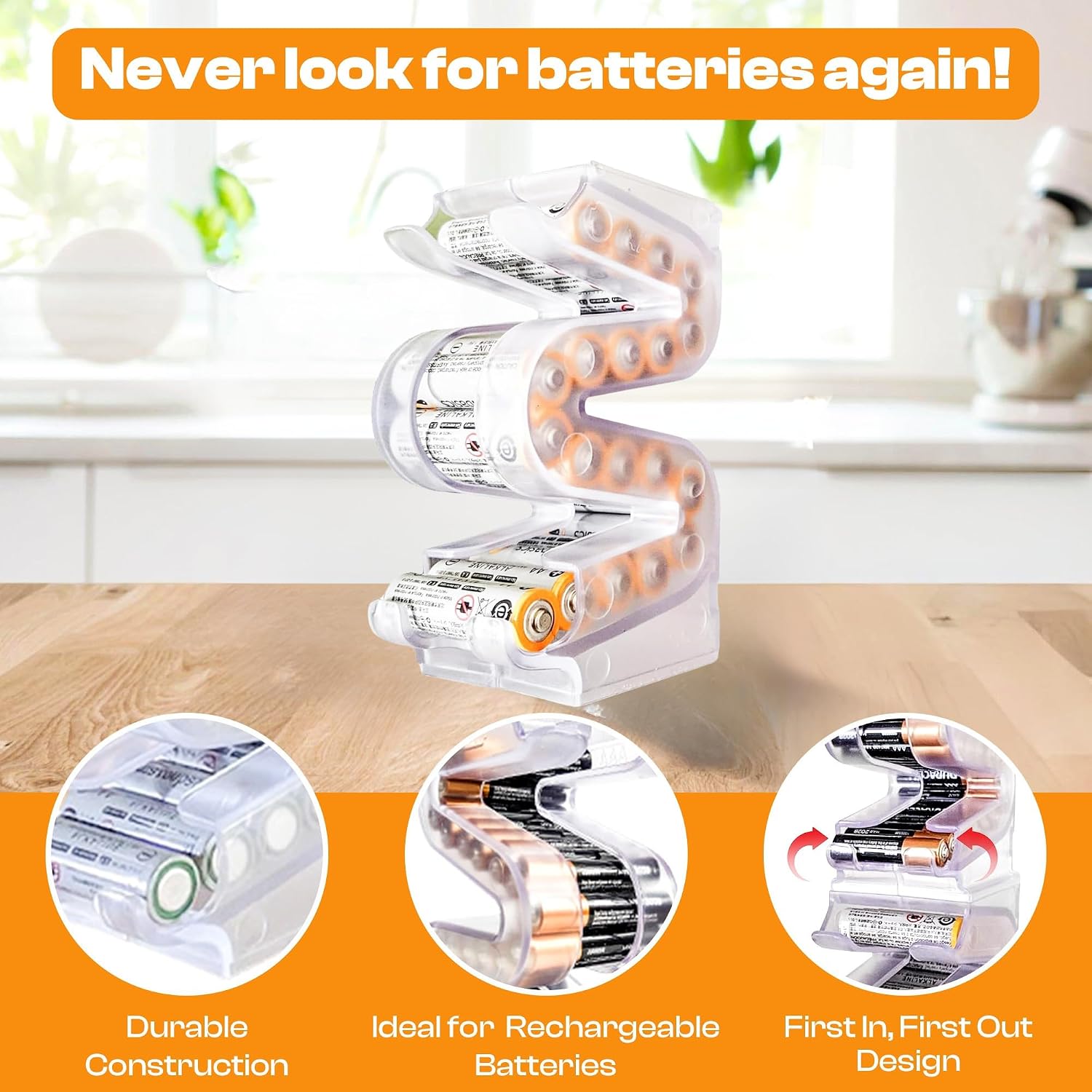Organizador de pilas AA Battery Ladder (TM), para montaje en pared o apilable, primero en entrar, primero en salir (FIFO).
