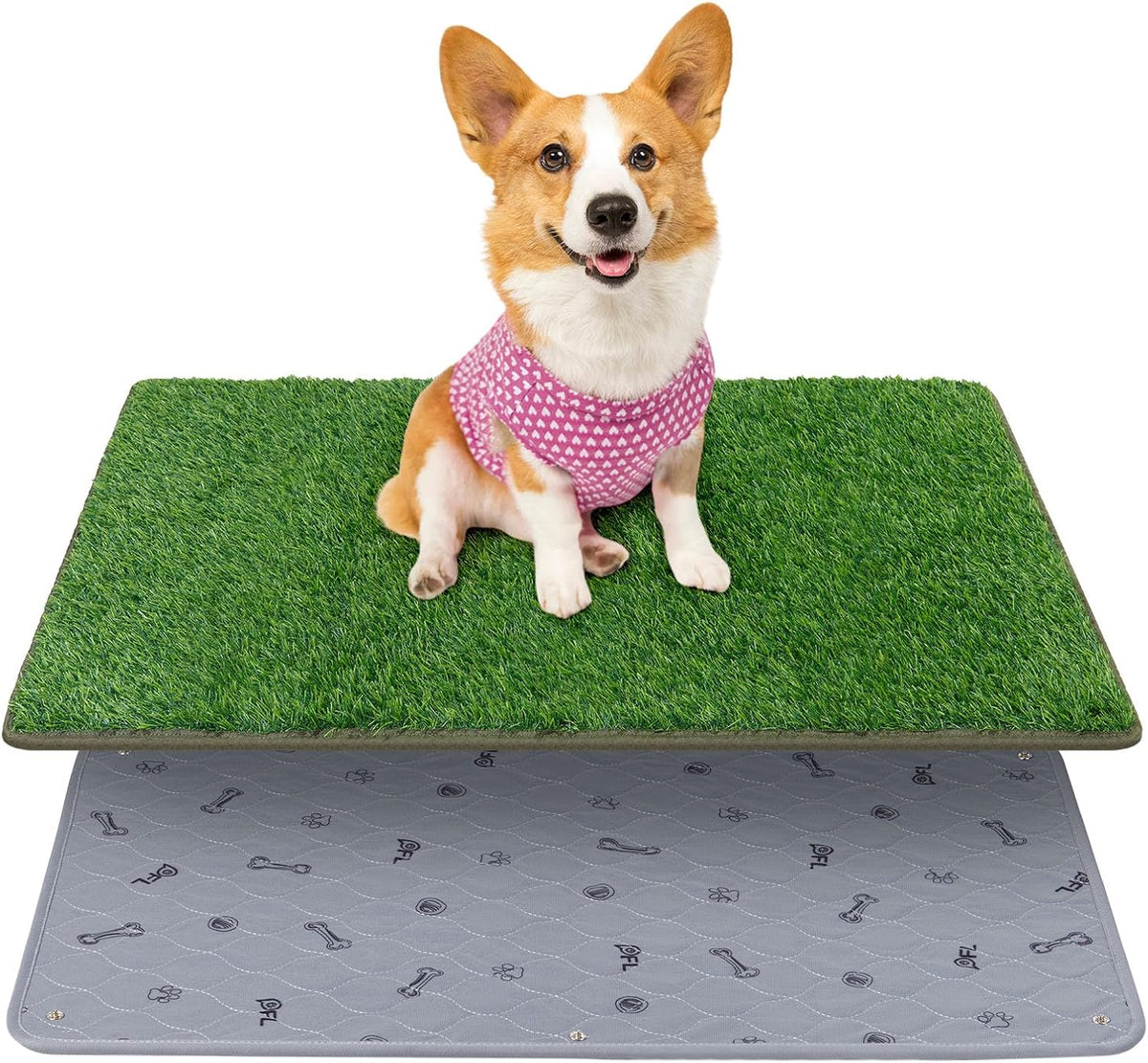Alfombra de Pasto Artificial para Perros con Bandeja – 18x30", Diseño Floral, Lavable, Antifugas, Para Balcón, Patio y Apartamento