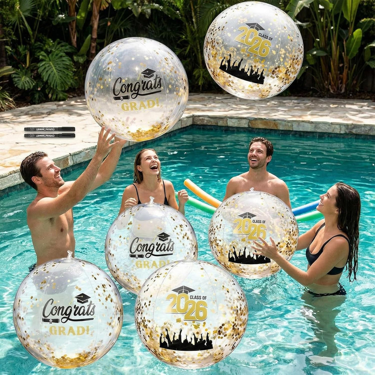 Seenelling Pack 8 Pelotas de Playa Inflables 33 cm para Graduación 2026 con 2 Marcadores – Decoración y Recuerdos para Fiesta de Piscina