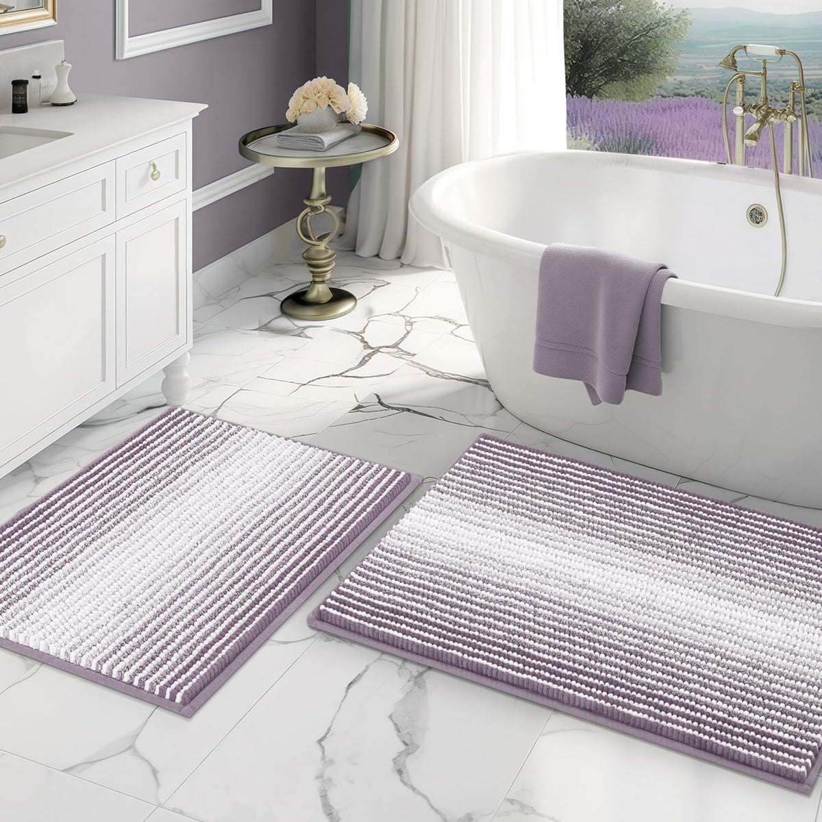 Juego de alfombras y tapetes para baño, juego de 2 alfombras de baño de chenilla gruesa y absorbente antideslizantes, alfombras suaves y mullidas para el baño, lavables a máquina (morado lavanda, 20" x 32" más 16" x 24")