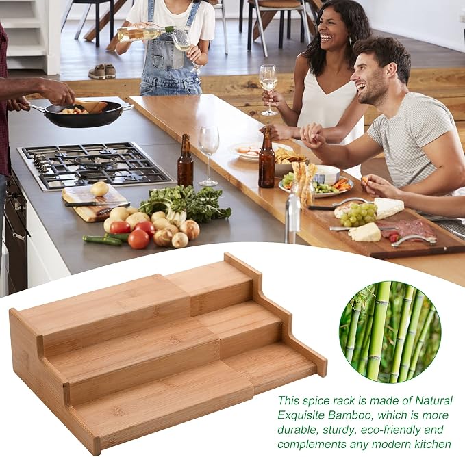 Estante de especias de bambú expandible de 3 niveles para cocina y baño, soporte de almacenamiento de madera multifuncional, perfecto para tarros de especias y condimentos