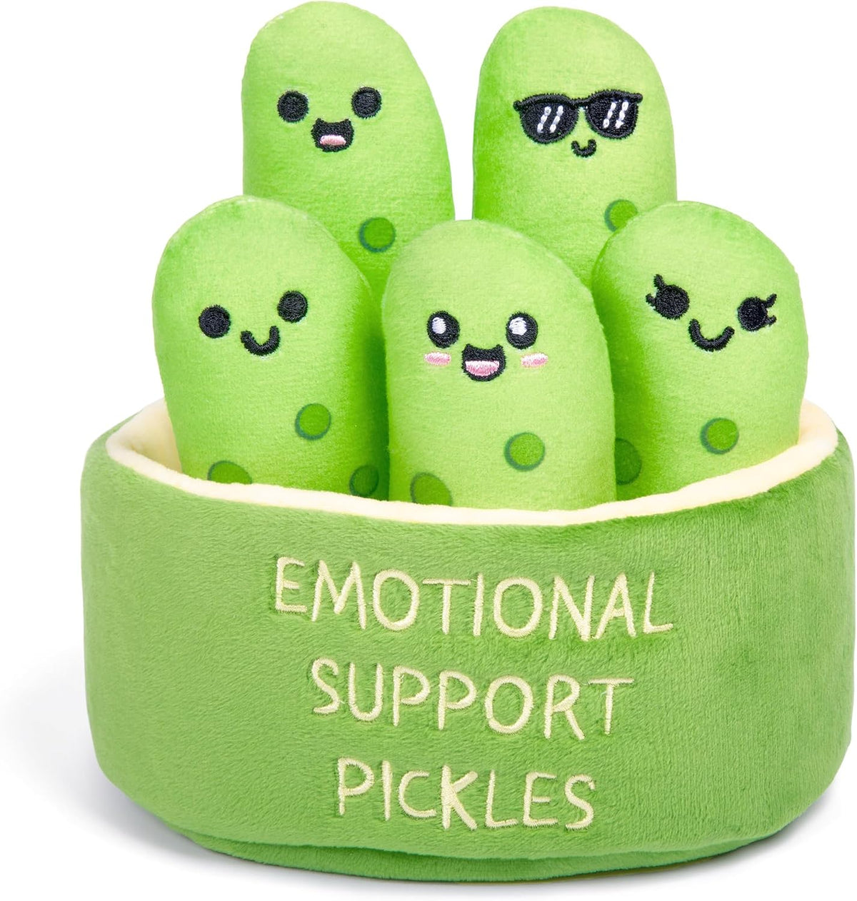 Pepinos de apoyo emocional de Relatable, peluches y juguetes adorables, juguetes blandos y de peluche, regalos divertidos perfectos para seres queridos de todas las edades, incluye 5 peluches con cesta de transporte.