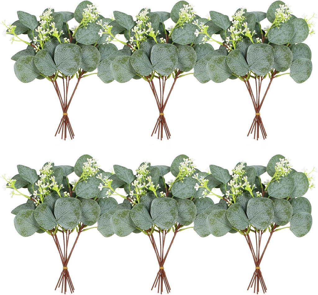 ZeKonan Set de 40 Tallos de Eucalipto Artificial | Plantas Verdes con Semillas Blancas Artificiales | Ideal para Bodas, Floreros, Centros de Mesa y Arreglos Florales