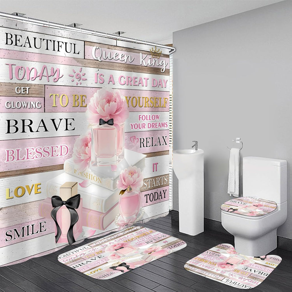 AZHM Juego de 4 piezas de cortina de ducha rosa con estampado floral, decoración de baño con frases inspiradoras, cortina de ducha con alfombras y accesorios, juego de baño de perfume femenino