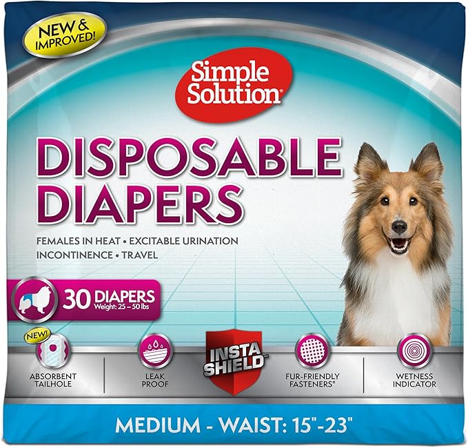 Simple Solution Pañales desechables para perros, pañales para perros hembras, entrenamiento para cachorros, protección contra incontinencia y ciclo de calor, pañales medianos para perros