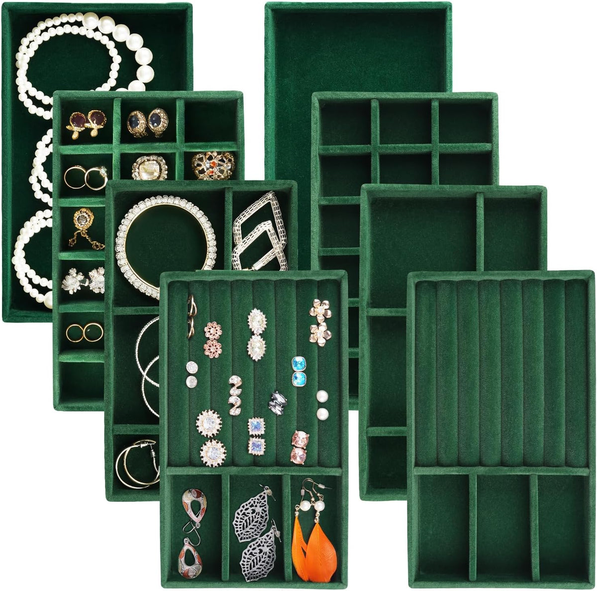 Bandejas para joyas Afnkiom para cajones, juego de 8 bandejas apilables de terciopelo para anillos, pendientes, collares y pulseras. Se adaptan a la mayoría de los cajones de cómodas y armarios. Forro antideslizante. Color verde.