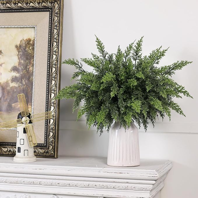 Juxdp Ramas de cedro de Navidad Real Touch, 18 pulgadas, ramas de cedro artificiales, plantas de vegetación sintética, tallos de pino falsos para jarrón, manualidades, guirnalda, corona, decoración