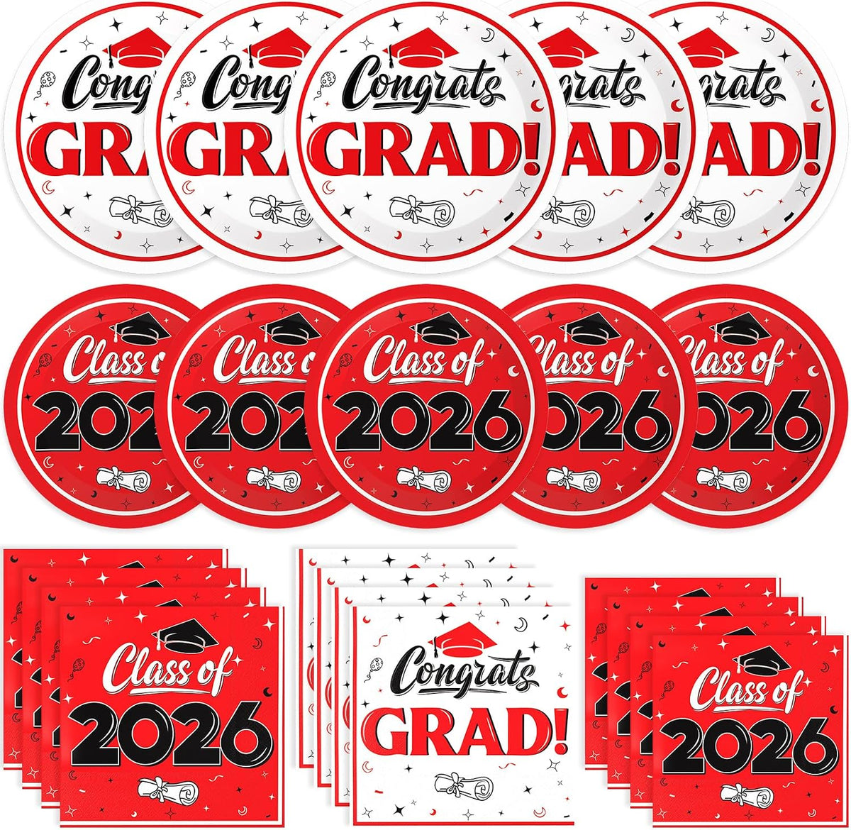 Decoraciones de graduación BAIVV 2026, para fiesta de graduación de la promoción de 2026 con platos de papel, servilletas de almuerzo y cóctel, decoraciones de felicitación para 50 invitados (rojo)