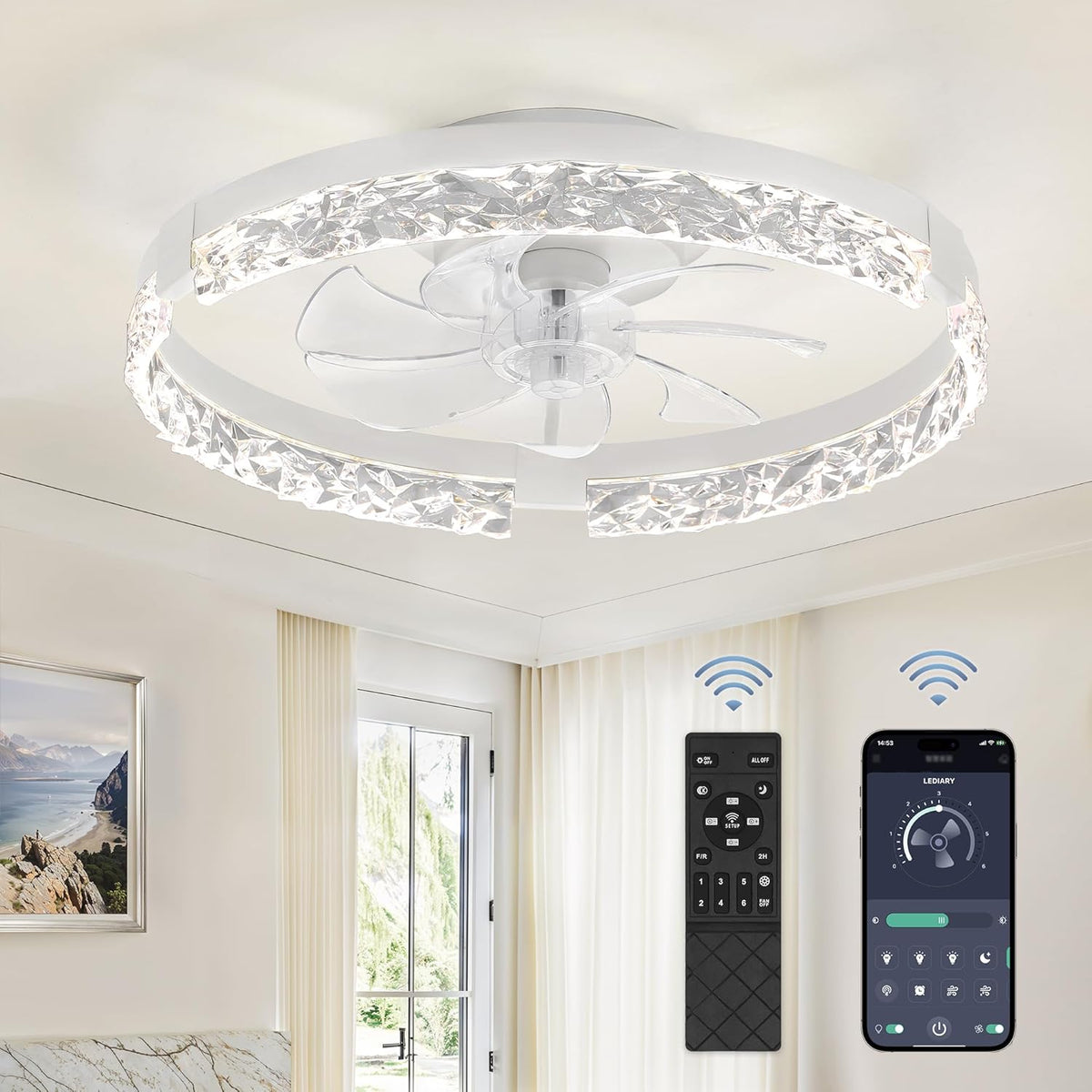 ARTICULO VIENE COMO SE MUESTRA EN LA SEGUNDA IMAGEN  ) Abanico de Techo LEDIARY 20 pulgadas | Bajo Perfil con Luz y Remoto | Fandelier Flush Mount | 3000K-6000K | Blanco