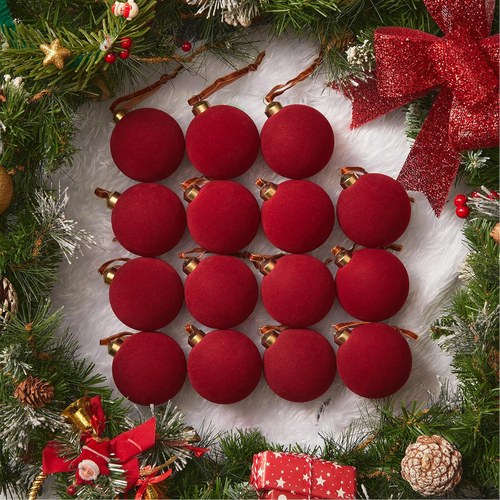 Brightown 15 bolas de terciopelo rojo para Navidad y San Valentín, adornos de terciopelo de 8 cm para árbol de Navidad, bolas de adornos flocados para árbol de Navidad para decoración colgante de fiestas familiares, bodas y Navidad