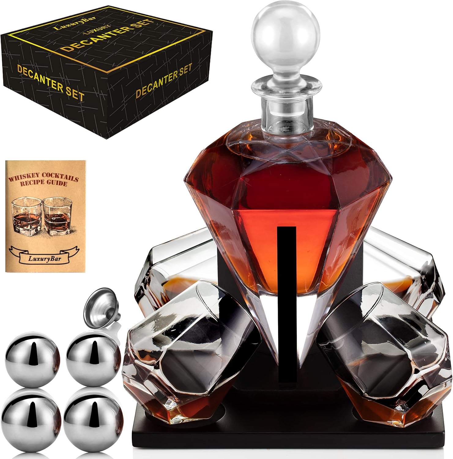 Juego de decantadores de whisky Diamond para hombre con ChillBall y bandeja, dispensador de licor, decantador de bourbon, regalo para hombre. 