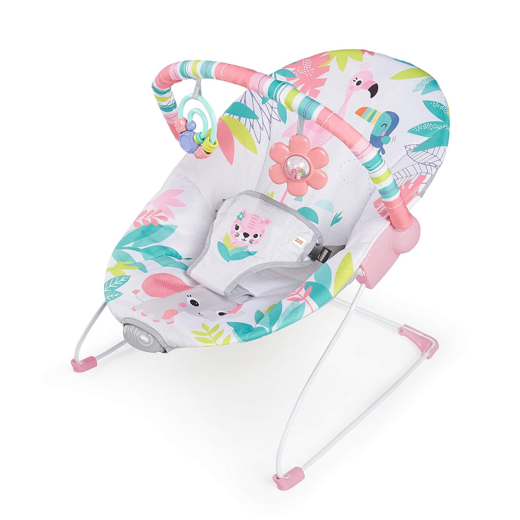 Hamaca para bebé Bright Starts con vibraciones relajantes, barra de juguetes extraíble, patas antideslizantes, de 0 a 6 meses y hasta 9 kg (Flamingo Vibes, rosa).