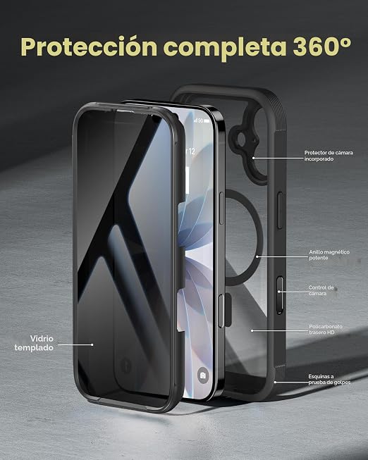 Funda Miracase para iPhone 17 – Protección Militar, Bumper Completo, Protector Pantalla Cristal, Compatible MagSafe, Negro