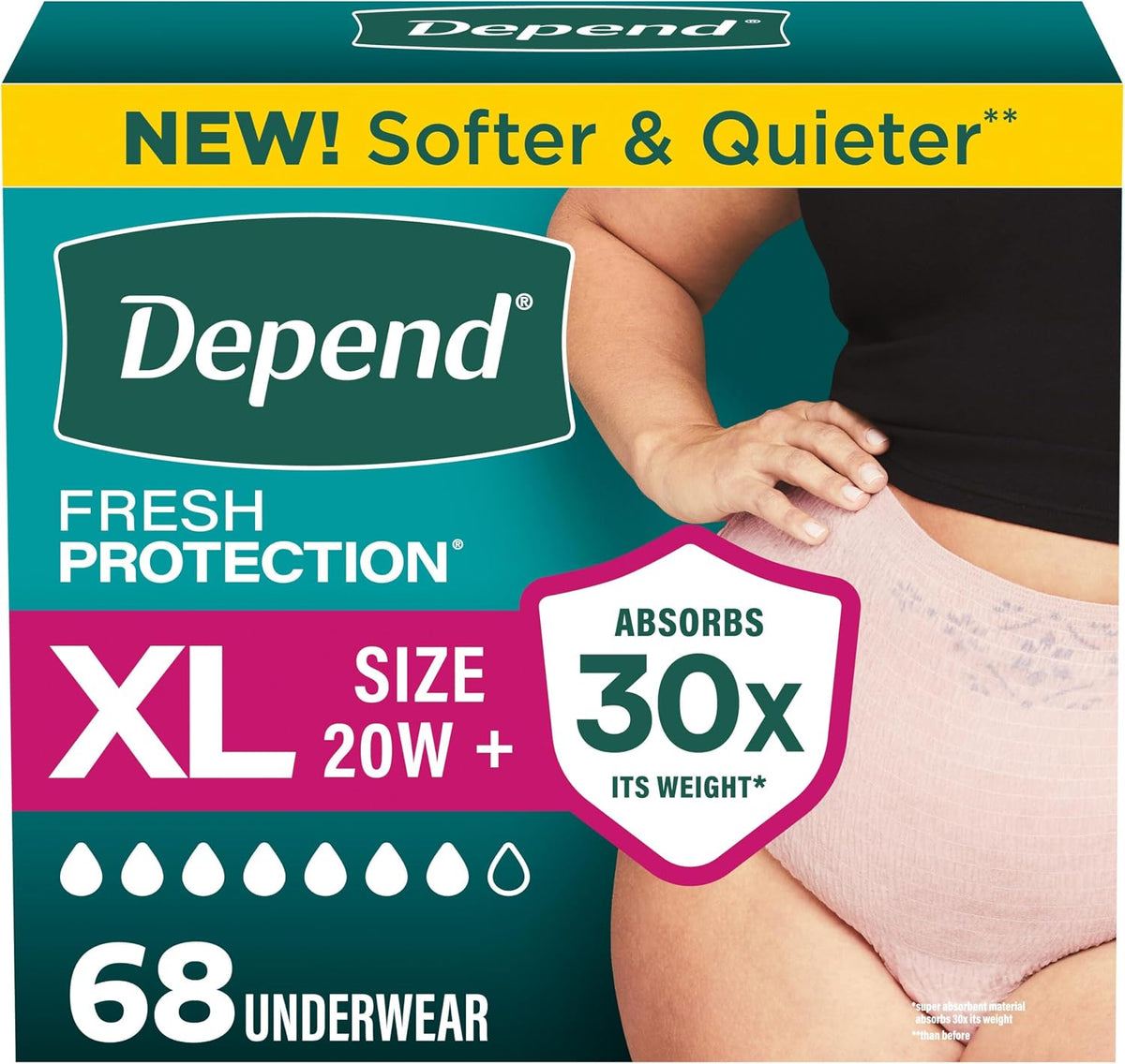 Ropa Interior para Incontinencia Depend Fresh Protection para Mujer | Desechable | Máxima Absorción | Postparto | Talla Extra Grande | Rubor | 68 Unidades
