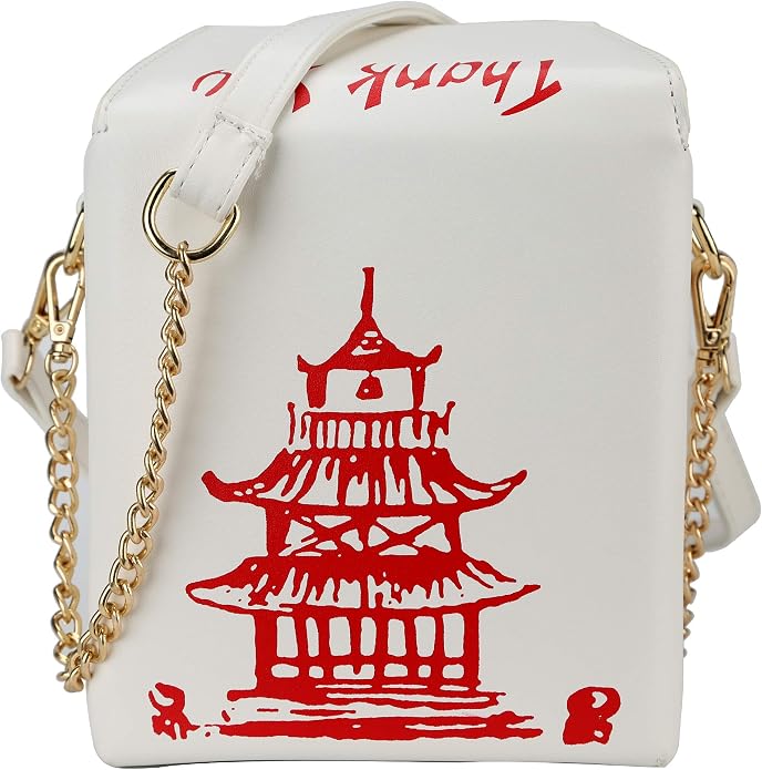 Bolso bandolera con estampado de torre, bolso de mano de PU con forma de caja de comida china para llevar para mujer.