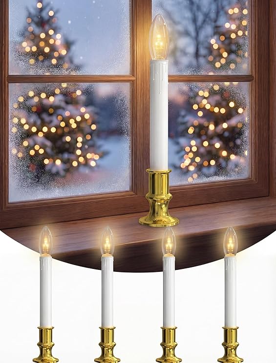 Oviejo Paquete de 4 velas eléctricas de Navidad, lámparas de vela de anochecer a amanecer con base dorada, velas de ventana de Navidad con encendido/apagado para el hogar, mesa, bodas