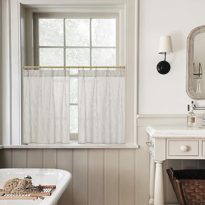 Cortinas Pequeñas Lino Rosa – Diseño Taupe con Rayas, Pliegues Pellizco con Ganchos, 50 cm de Largo, Para Ventanas de Baño y Cocina