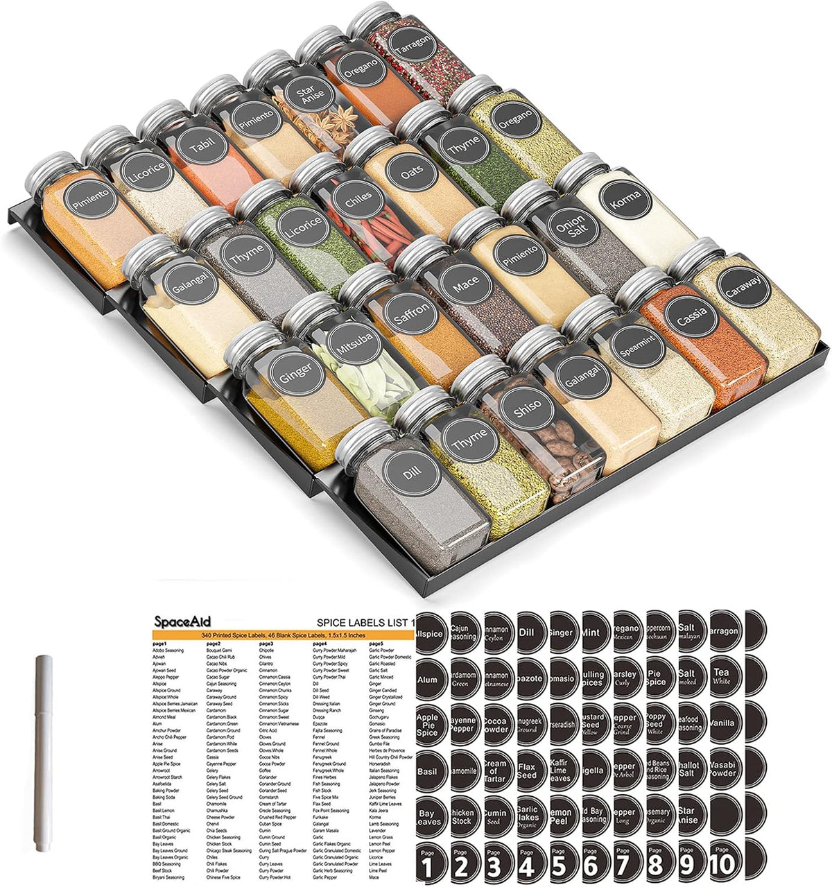 Organizador de especias SpaceAid para cajones con 28 frascos para especias, 386 etiquetas para especias, bandeja de 4 niveles para condimentos, para cajones de cocina, 33 cm de ancho x 44,5 cm de profundidad.
