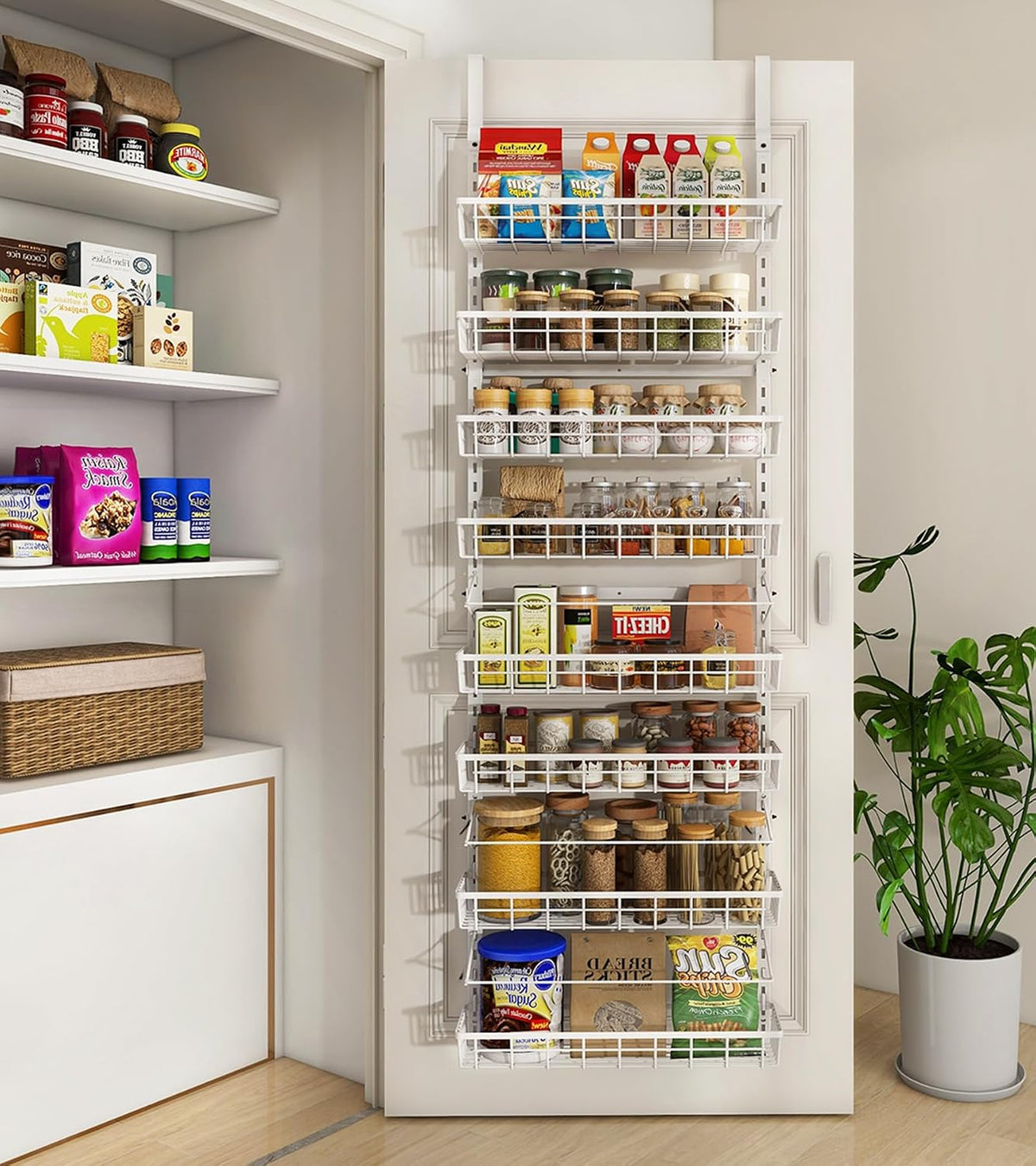 Organizador de despensa Mefirt para colgar en la puerta, especiero de pared, almacenamiento y organización colgante para despensa, 8 cestas ajustables de metal resistente para el hogar y la cocina - Blanco