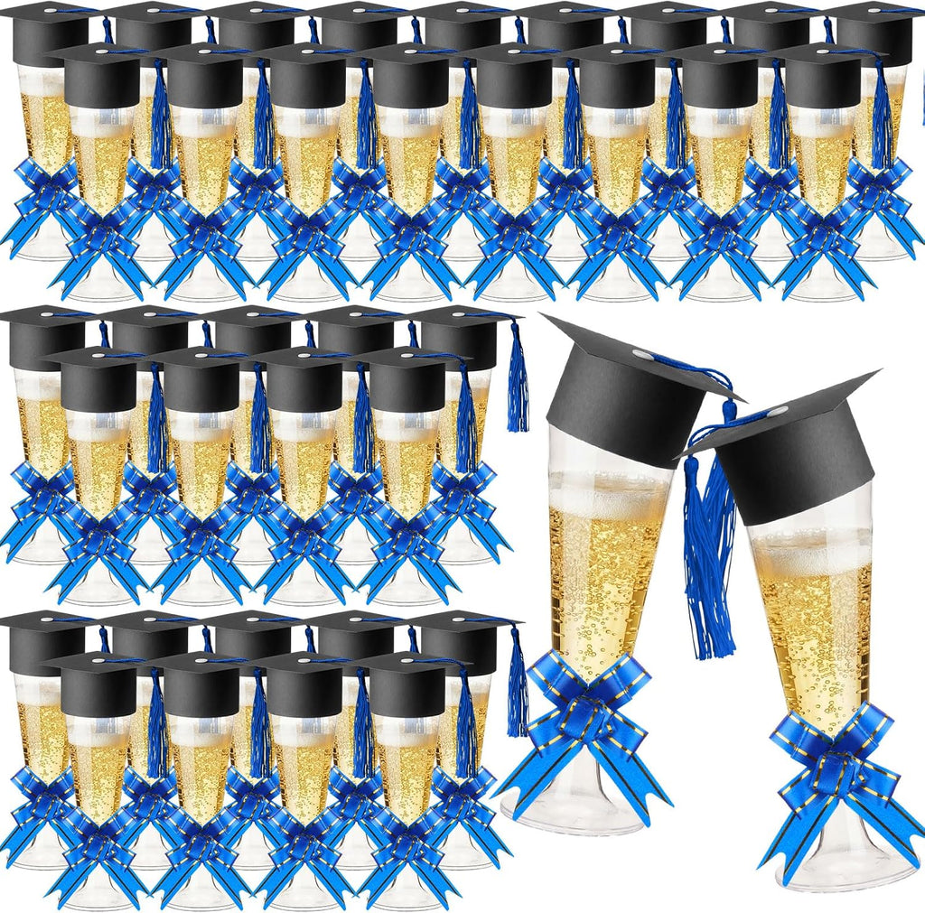 Dunzoom Paquete de 72 unidades 2026 Copa de champán de plástico para dulces de graduación, recuerdos de fiesta de graduación para invitados, caja de cóctel desechable de 5 oz y mini gorro de graduación con lazo de borla (azul)