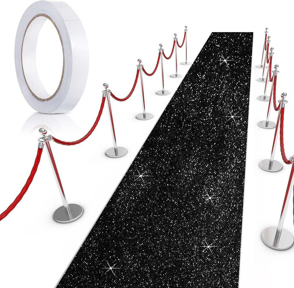 Tapete Alfombra de Pasillo Tatuo 2.46x16.4 pies | Alfombra Tipo Pasarela 55 GSM con Cinta Adhesiva | para Boda, Graduacion y Eventos | Negro con Brillo