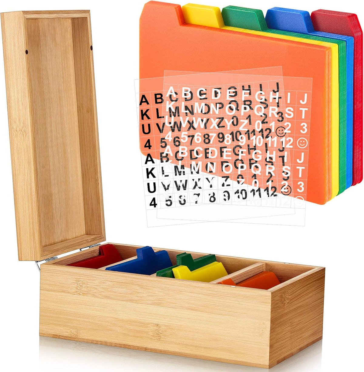 Juego de tarjeteros Henoyso de 3 x 5 pulgadas, caja organizadora de bambú con 50 separadores y 2 hojas de pegatinas de números y alfabetos para archivar notas, capacidad para 1200 tarjetas para oficina, negocios, hogar y cocina, color madera.