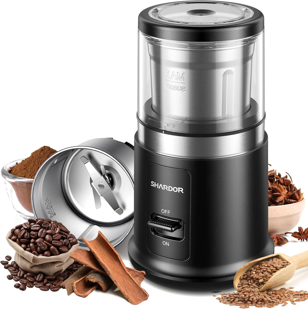 Molinillo de café eléctrico SHARDOR One Touch, para especias y hierbas, para granos de café, especias y semillas, con recipiente extraíble de acero inoxidable, molinillo seco, color negro 