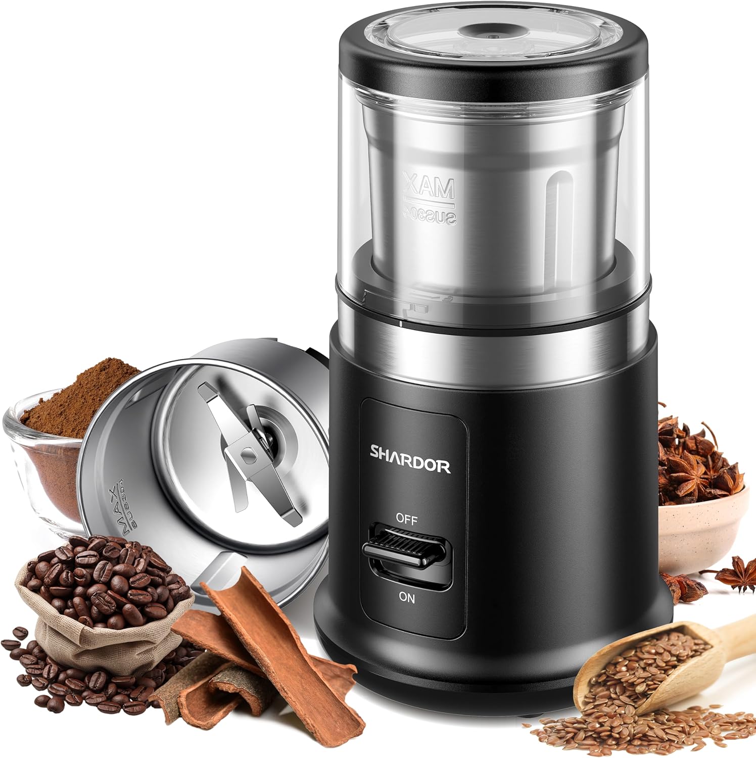 Molinillo de café eléctrico SHARDOR One Touch, para especias y hierbas, para granos de café, especias y semillas, con recipiente extraíble de acero inoxidable, molinillo seco, color negro 