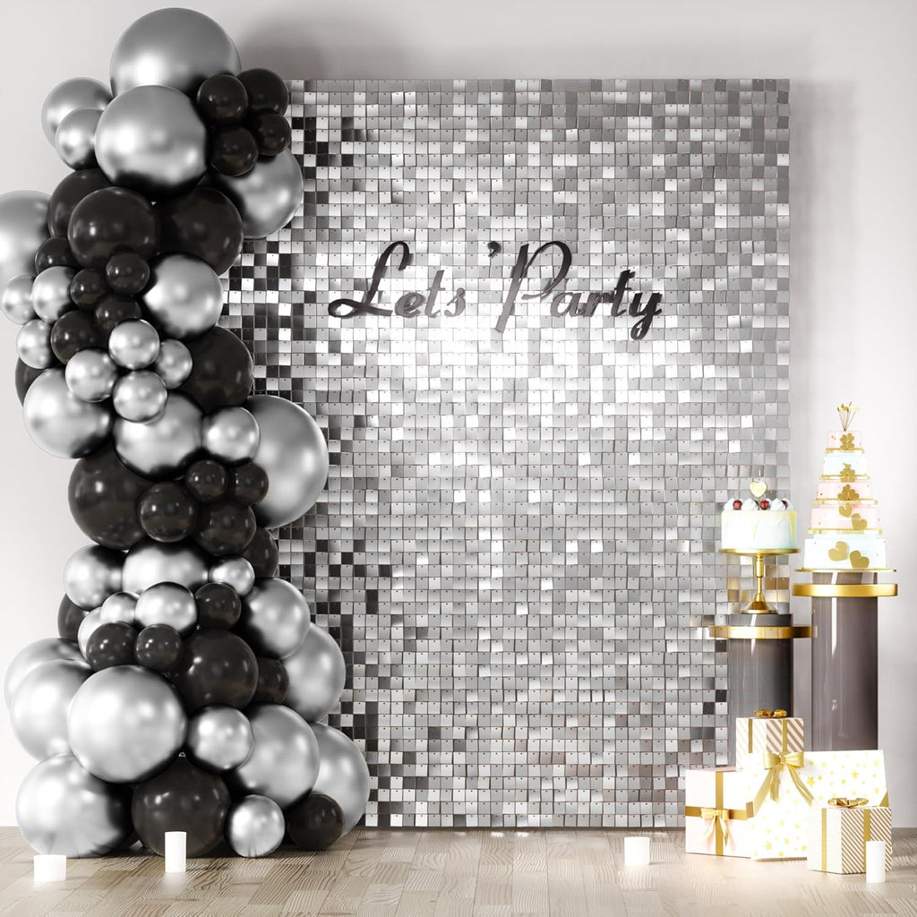 COKAOBE - Fondo de pared plateado brillante, 24 paneles cuadrados con lentejuelas brillantes, ideal para fotos de cumpleaños, aniversarios, bodas, graduaciones y despedidas de soltera. 