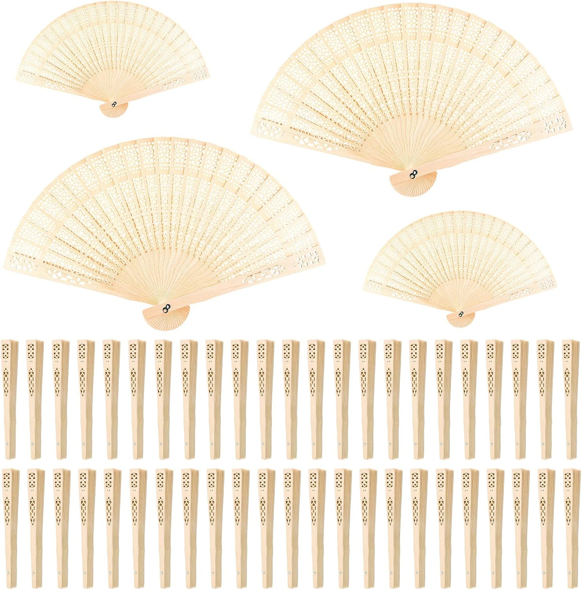 FEPITO 50 Abanicos de Papel de Mano con Mango de Madera | Plegables con Bambu para Bodas, Fiestas y Regalos