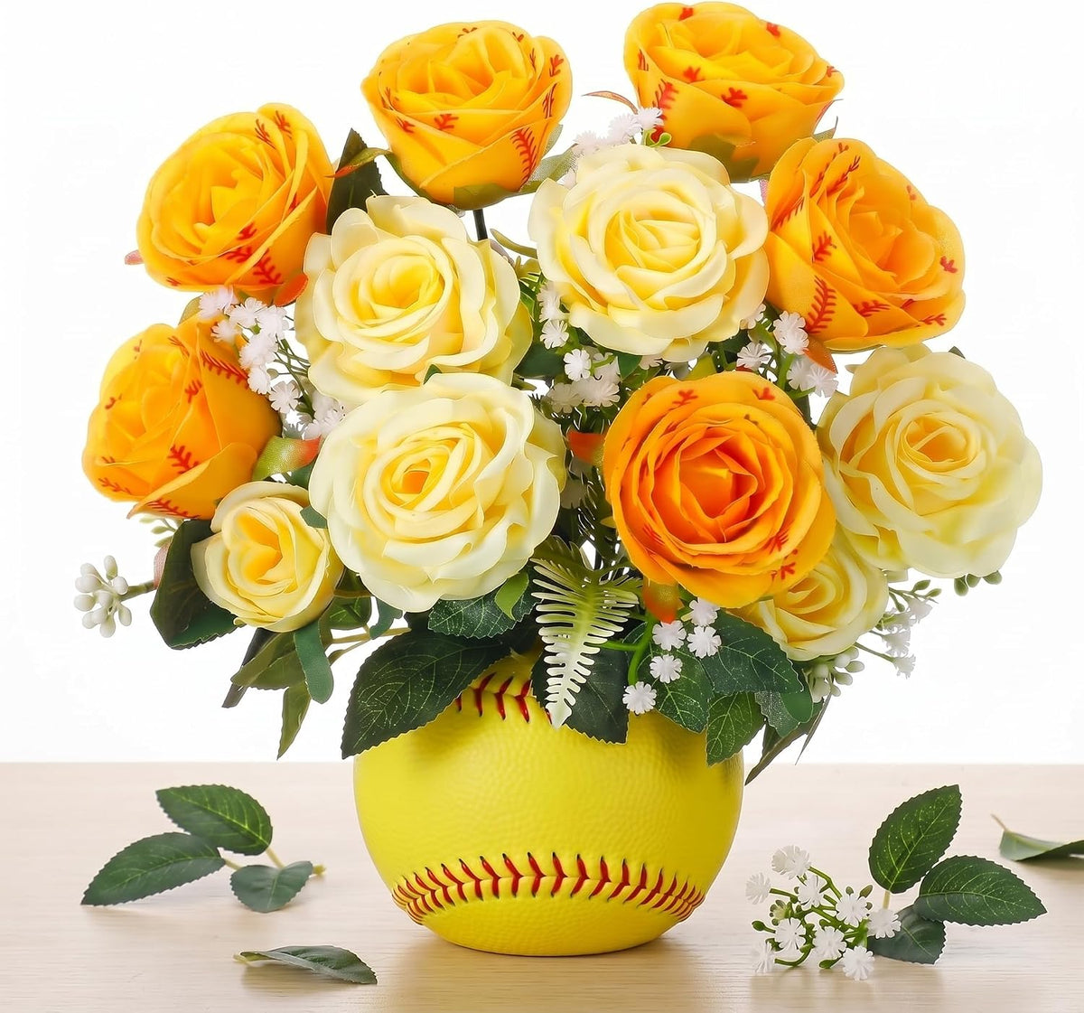 Tigeen Ramo de 13 rosas de softbol con paniculata, flores artificiales amarillas para regalos de equipos de softbol, noche de graduación, decoración de fiestas, centros de mesa de graduación (amarillo)