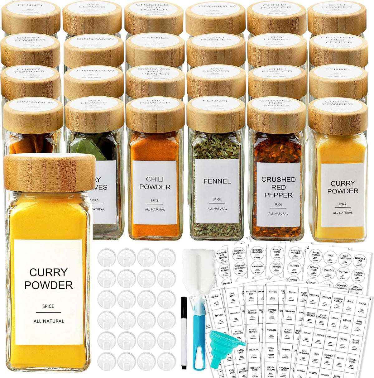 Tarros de especias de vidrio AISIPRIN con 398 etiquetas, 24 recipientes de especias de 118 ml con tapas de bambú, botellas cuadradas para especias con tapas con dosificador, organizador de especias para armario, cajón, estante, organizador de condimentos
