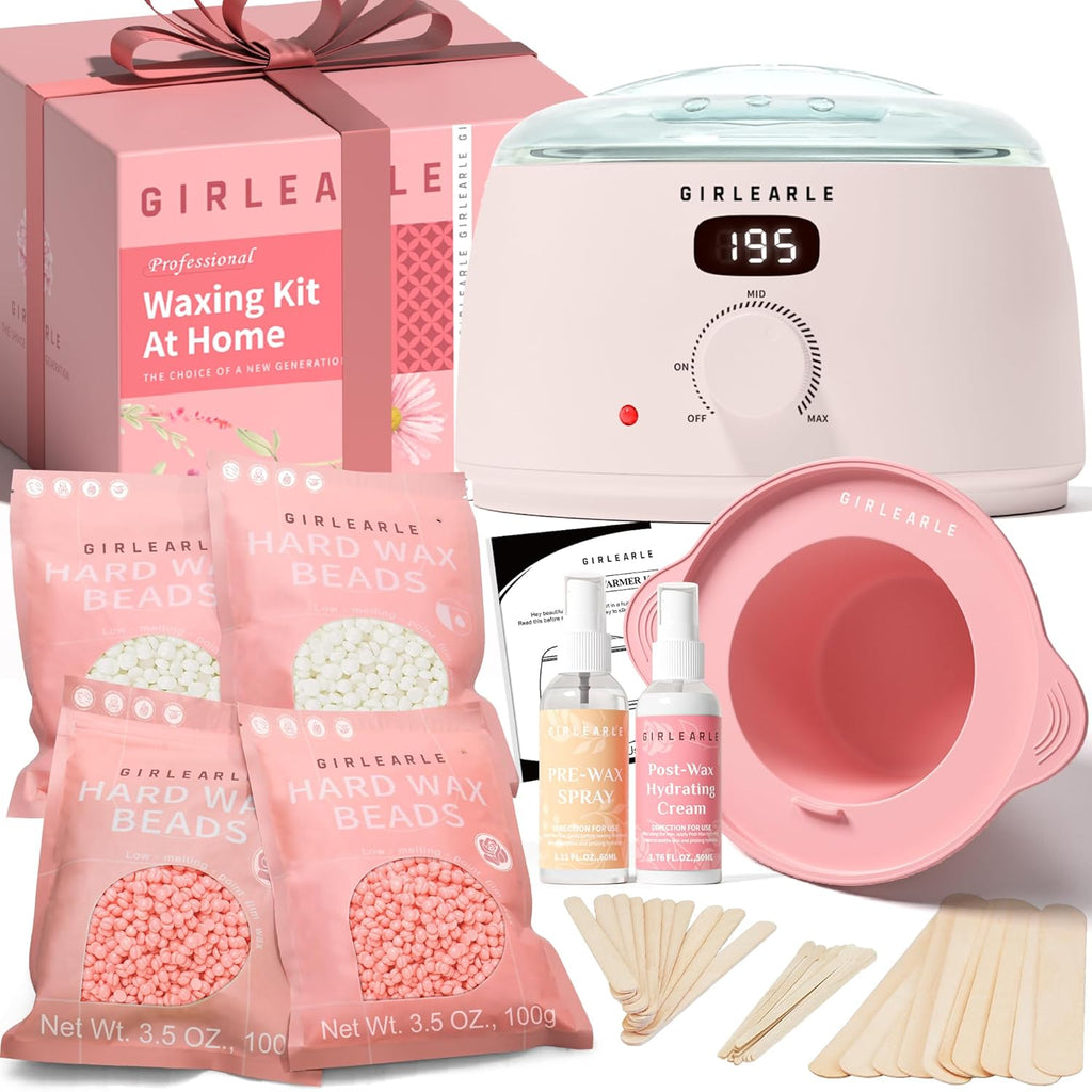 Kit de Depilacion con Cera Rosa Digital GIRLEARLE para Piel Sensible Mujer y Hombre con Calentador