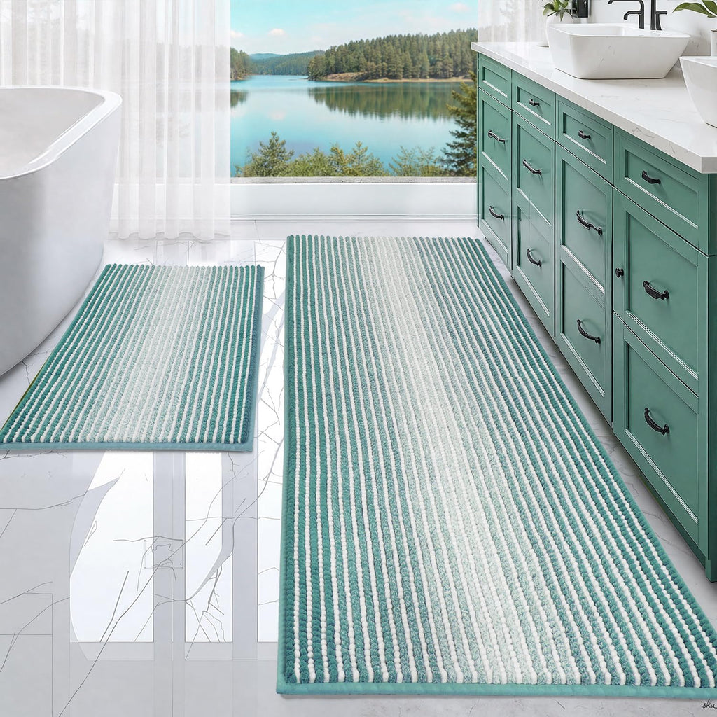 Juego de alfombras y tapetes de baño BSICPRO, juego de 2 alfombras de baño de chenilla gruesa y absorbente antideslizantes, alfombras suaves y mullidas para el baño, lavables a máquina (verde agua, 61 x 178 cm más 51 x 81 cm).