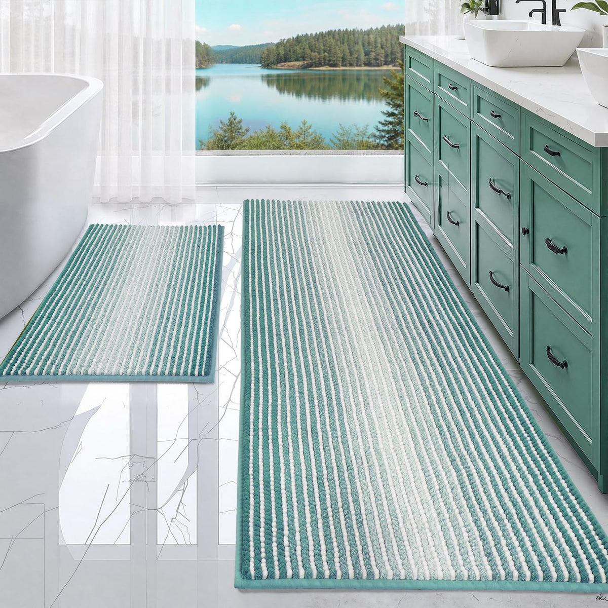 Juego de alfombras y tapetes de baño BSICPRO, juego de 2 alfombras de baño de chenilla gruesa y absorbente antideslizantes, alfombras suaves y mullidas para el baño, lavables a máquina (verde agua, 61 x 178 cm más 51 x 81 cm).