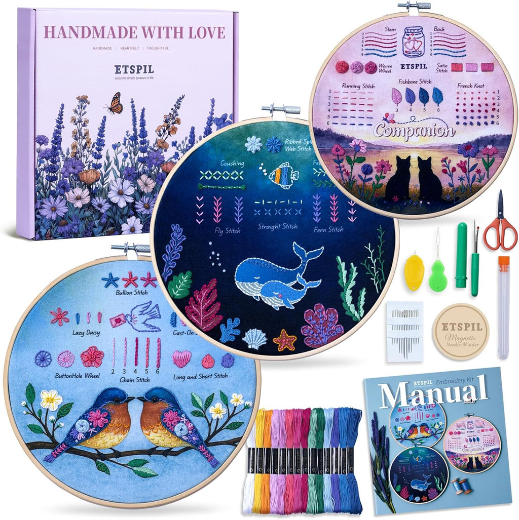 ETSPIL Beginner Embroidery Kit for Teens & Adults - 3-Pack, 19 Stitches, Pre-Stamped Patterns, Needle Minder, 7.8-Inch Hoop, Threads & Needles, Guide & Video - DIY Craft Gift for Women