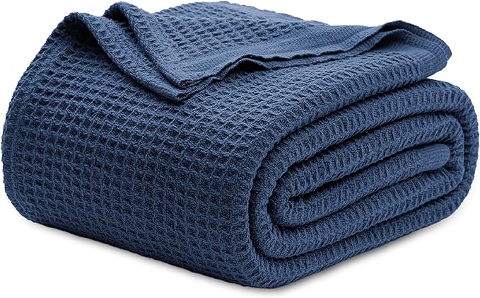 Bedsure Cooling Cotton Waffle Twin XL Blanket - Lightweight Breathable Blanket of Rayon Derived from Bamboo for Hot Sleepers, Luxury Throws for Bed, Couch and Sofa, Navy, 66x90 Inches