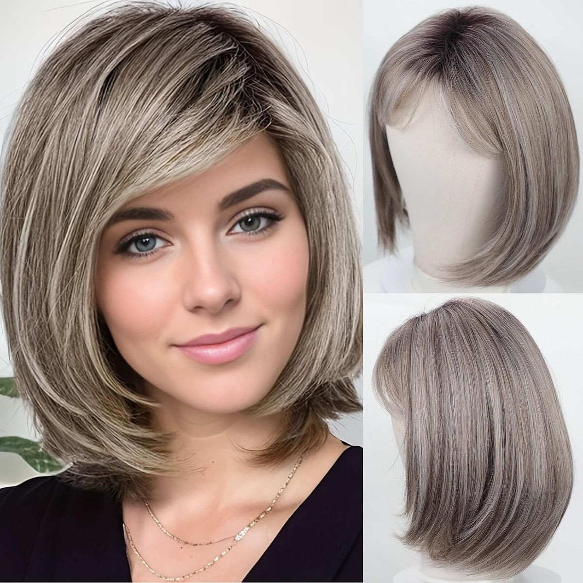 Peluca Gris Ombre Corta RENERSHOW Bob Capas Largo Barbilla Cabello Liso Sintética Natural Mujer