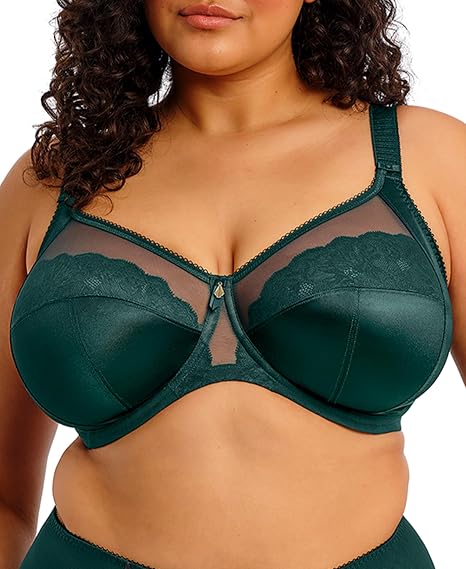 Talla 38M US — Brasier ELOMI Verde Oscuro con Copas de Encaje y Malla Semitransparente