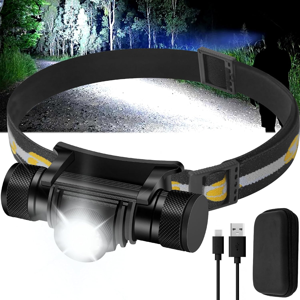 Linterna Frontal Recargable 1200 Lumenes | LED con Zoom Ajustable, IP66 Impermeable y 9 Modos | Super Brillante con Bateria 2600 mAh | para Camping y Running