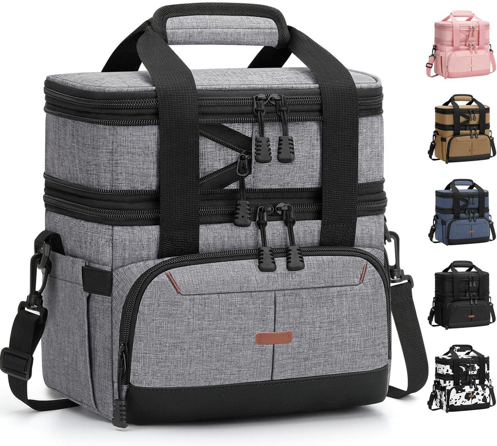 Fiambrera Pritent para hombres y mujeres, bolsa térmica de doble capa para el almuerzo, bolsa enfriadora expandible a prueba de fugas con correa ajustable para el hombro, ideal para niños, escuela, trabajo, picnic y camping (gris, grande).