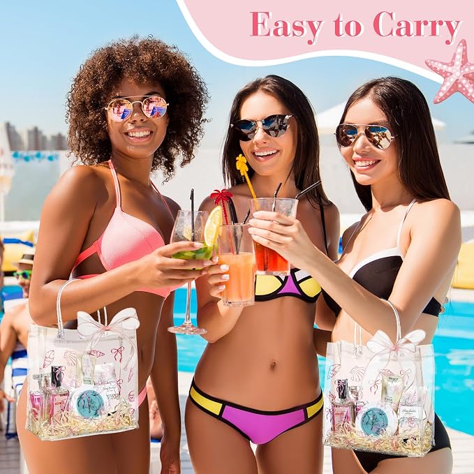Sweetude 24 bolsas de regalo de PVC transparente de concha de mar con lazo rosa a granel con asa, bolsas de regalo de fiesta de conchas marinas para cumpleaños, verano, suministros de boda, 7.9 x 7.9 x 3.2 pulgadas