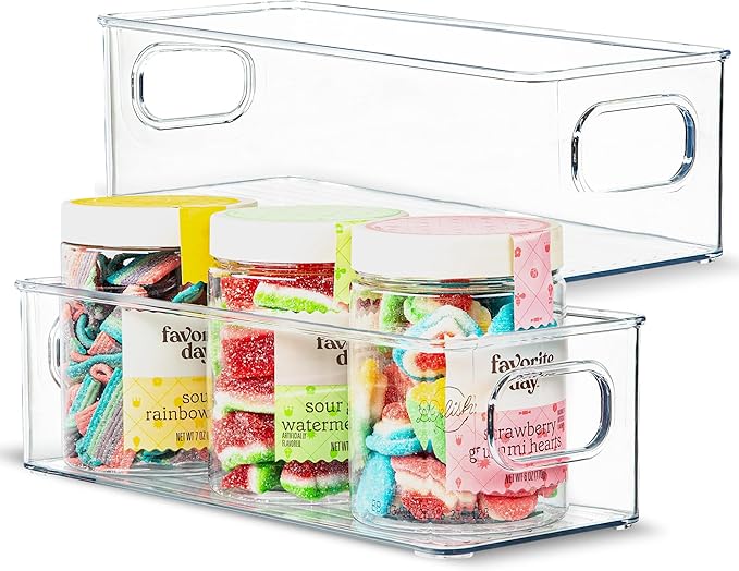 Contenedor de plástico transparente para almacenamiento de alimentos, paquete de 2 contenedores con asas para organizar cocina, despensa, refrigerador, congelador, despensa, armario, baño. Apilable de 10 x 4 x 3 pulgadas