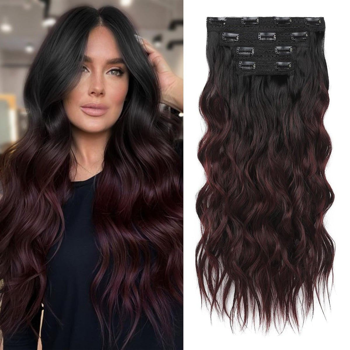 REECHO Extensiones de Cabello con Clip  24 Pulgadas Gruesas | Ondas Largas de Playa | HE003 | Trama de Encaje Invisible | Suaves y Naturales para Mujer | Negro a Borgona Ombre