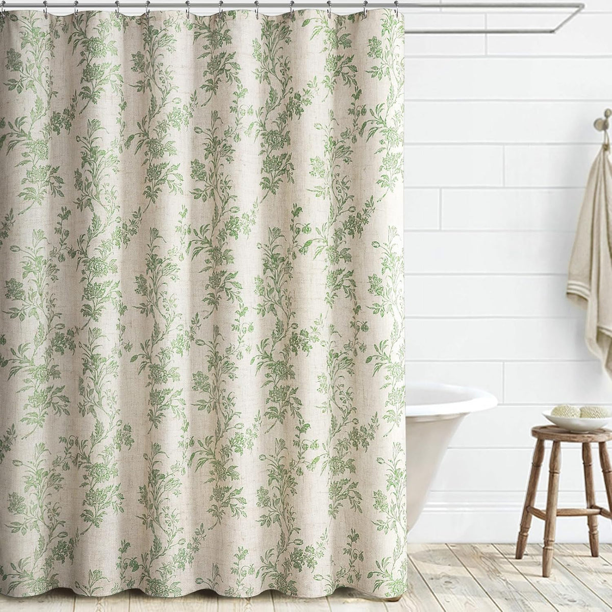 Cortina de ducha de lino beige, algodón verde salvia, cortina de ducha floral para baño