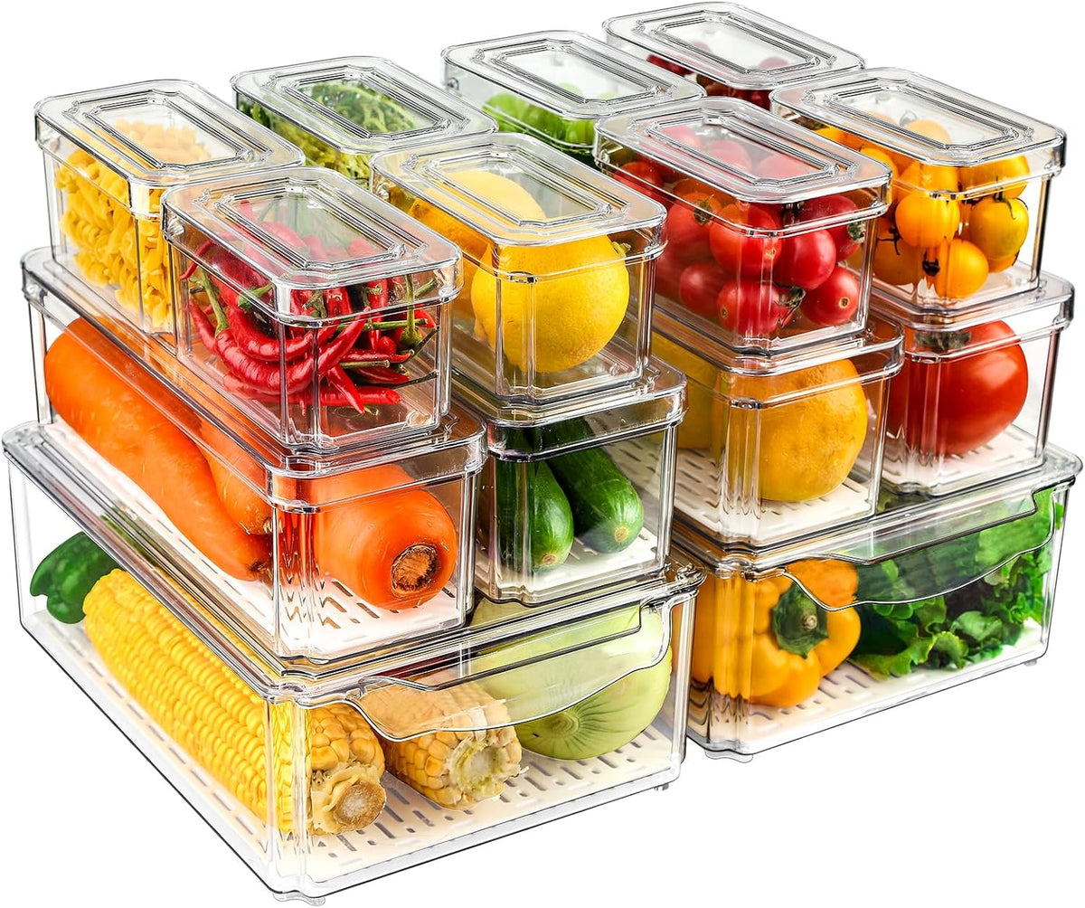 NISILIN Paquete de 14 organizadores y recipientes para refrigerador - Contenedores organizadores para refrigerador con tapas, organización para refrigerador sin BPA, recipientes para almacenar frutas, verduras, alimentos, bebidas y cereales