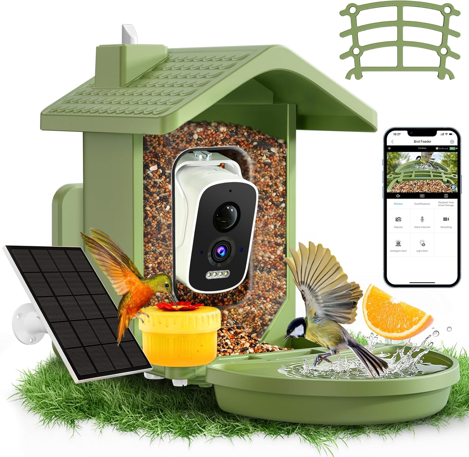 Comedero Inteligente para Pájaros Homiefans – Cámara 2.5K, Solar, IA 10,000 Especies, Baño Incluido, Verde